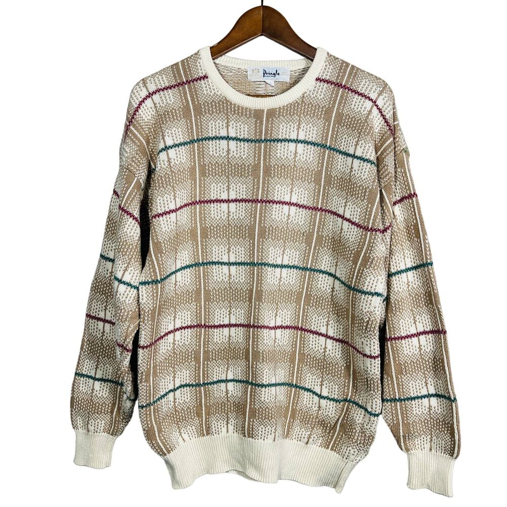 Vintage 80s Pringle of Scotland Crewneck Dad Sweater Checker Stripe - M
